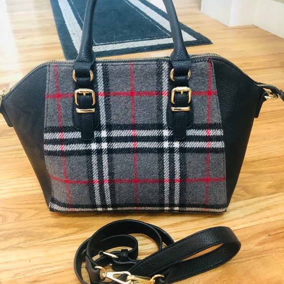 Charming Charlie black, Gray and red plaid handbag